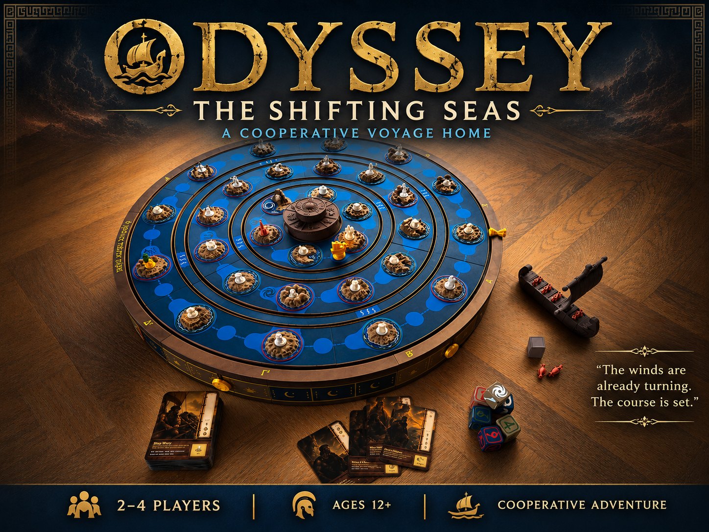 Odyssey: The Shifting Seas — a cooperative voyage home. 2–4 players, ages 12+.